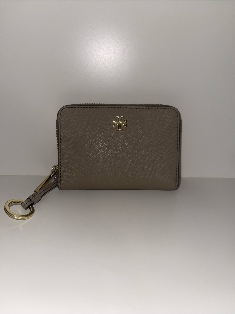 Tory Burch Taupe Zip Card Case with Keyring and Gold Logo